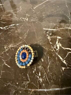 Multicolored Beaded Statement Ring — Blue & Coral Accent